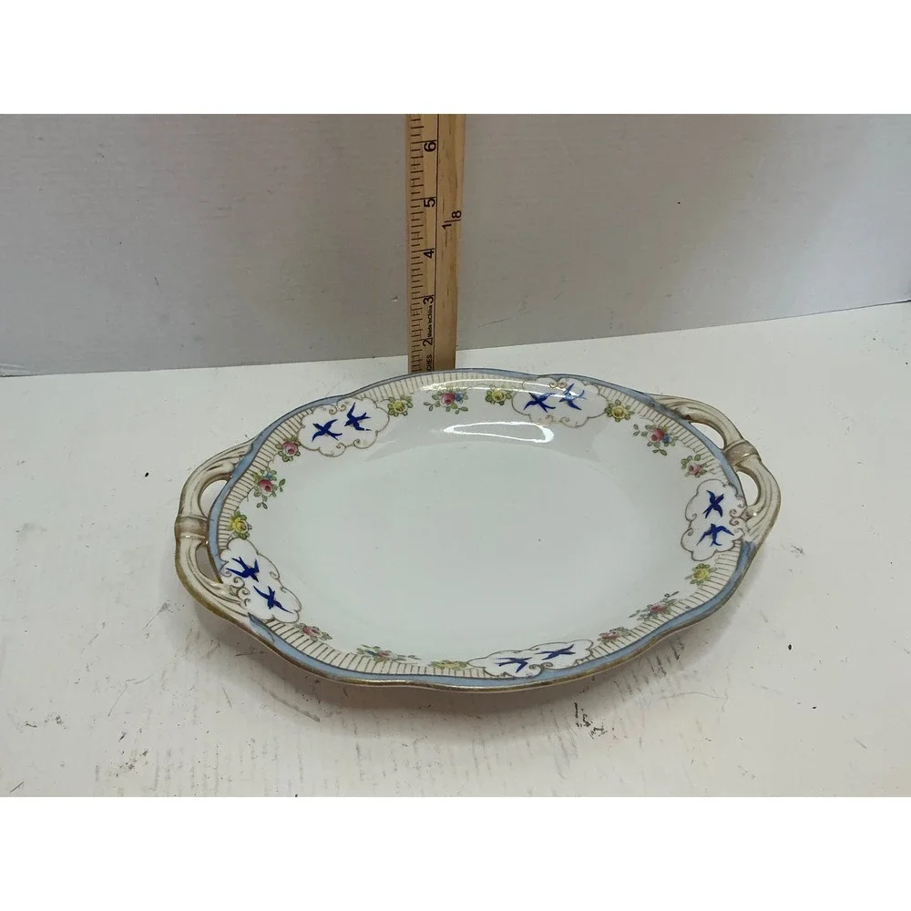 Nippon Vintage Hand Painted Porcelain Dish Blue Bird Floral Gold Trim 10.5in